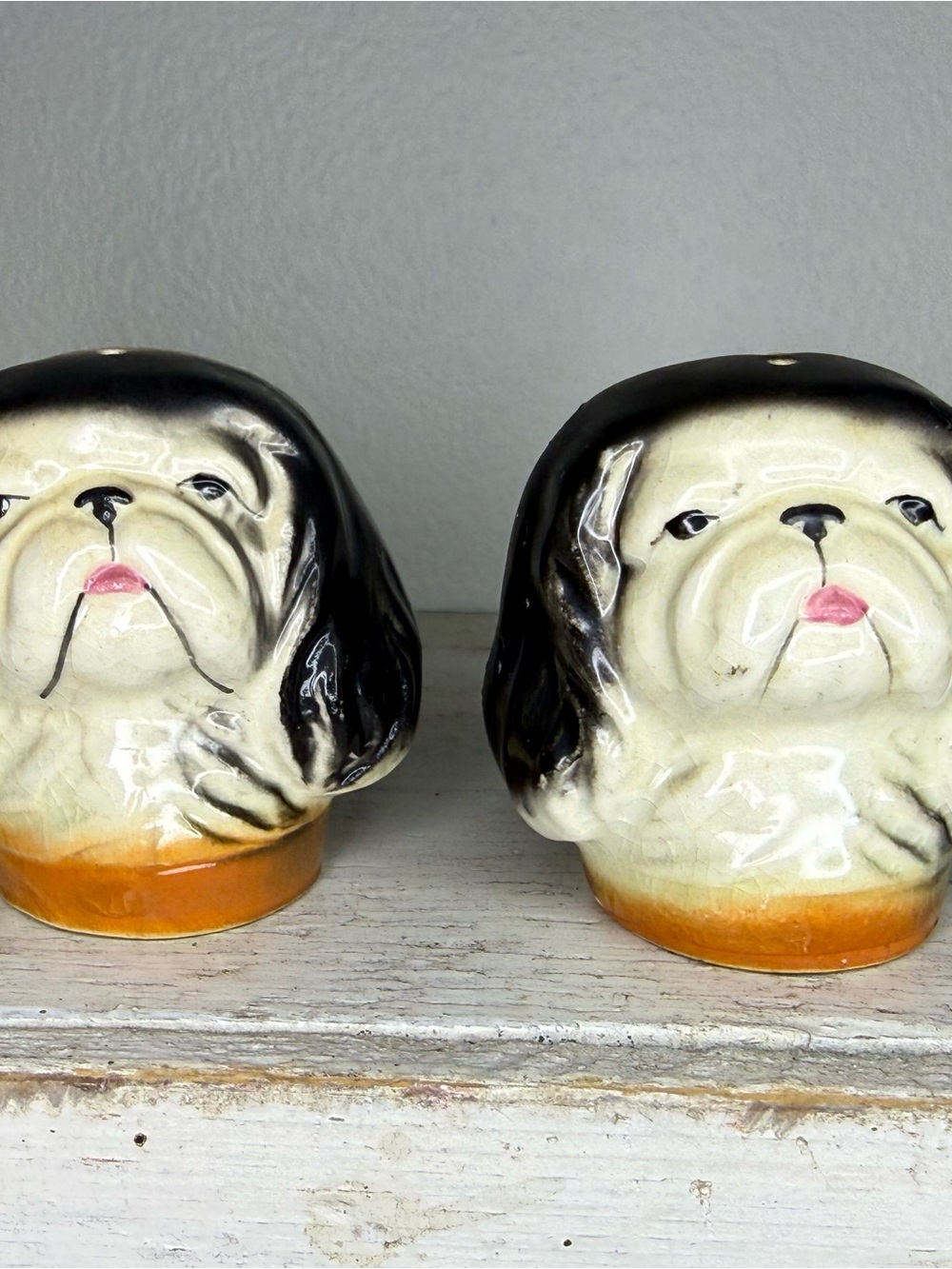 Rare Vintage Japan Odd Pekingese Dog China Face Salt & Pepper Shakers, MCM